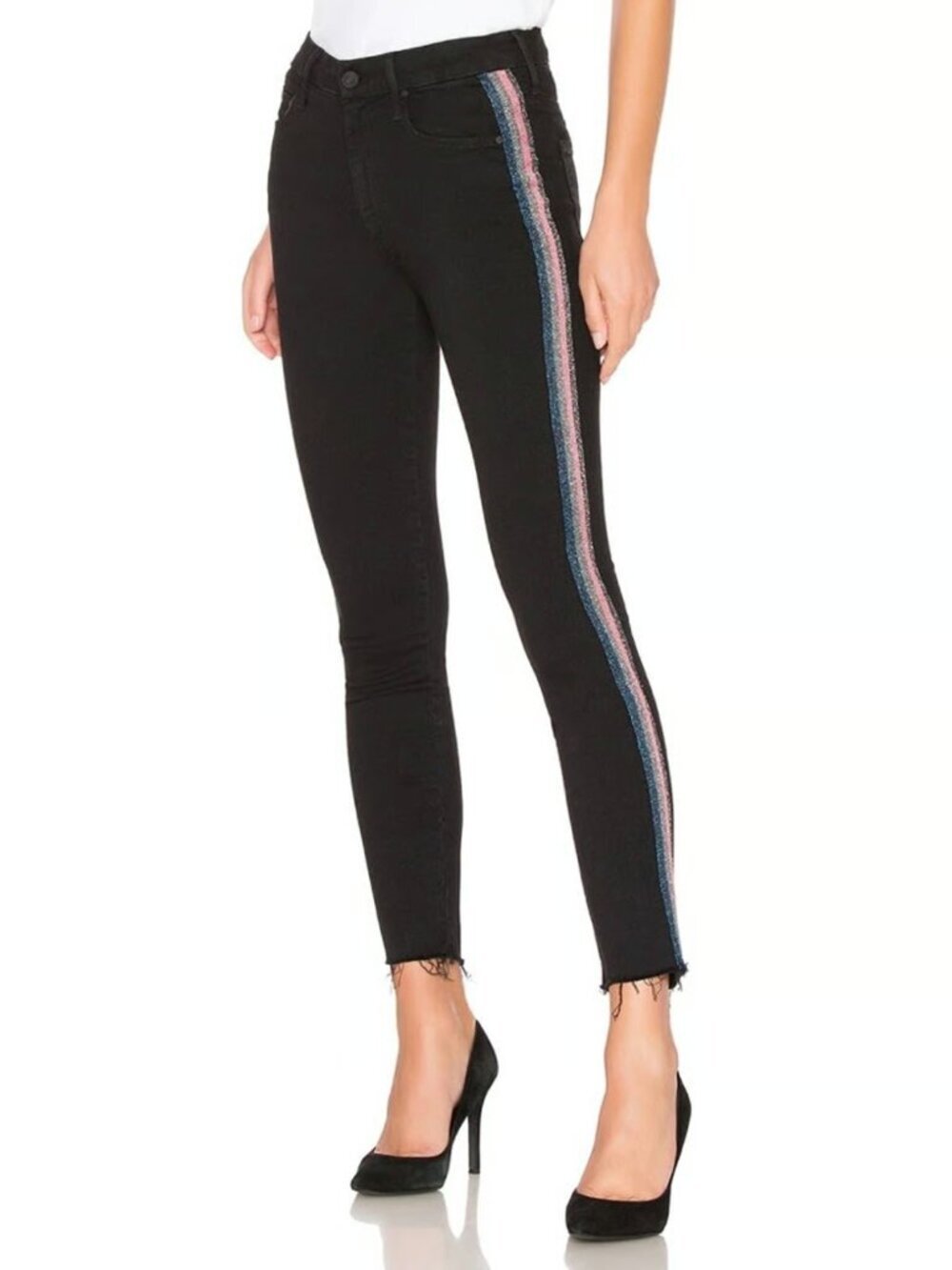 NWOT MOTHER Looker Black Guilty Glitter Racer Stripe Jeans 27 Ankle Fray $228
